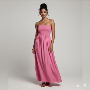 Elegant Pink Strapless Maxi Smock Dress